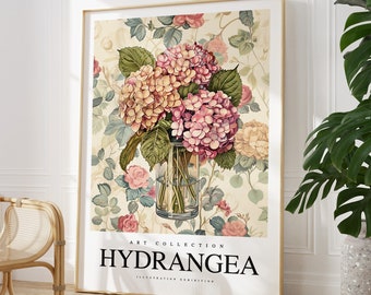 Any colour - Hydrangea Flowers In Vase print - Hydrangea poster - Hydrangea Art - Vintage print - Any Size