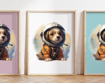 Qualquer cor - Impressão de cachorro espacial - Pôster de cachorro espacial - Arte de animais no espaço - Arte de cachorro - Pôster de espaço infantil - Arte infantil - Arte espacial - Qualquer tamanho