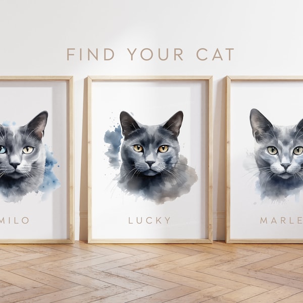 Custom cat poster - Russian blue cat poster - Russian blue cat print - Personalise cat name - Cat gift