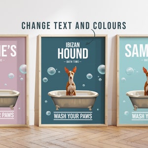Any colour - Ibizan Hound in bath poster - Ibizan Hound poster - Ibizan Hound Custom text print - Personalised print - Pet Art