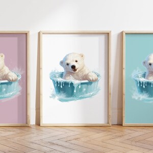 Cualquier color - Oso polar en impresión de baño - Cartel del oso de baño - Impresión de animales bebés - Cartel de animales bebés - Arte infantil - Arte animal - Cualquier tamaño