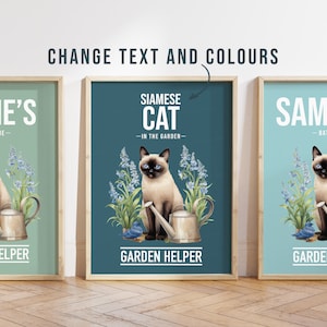 Any colour - Siamese Cat in garden poster -  Siamese Cat poster -  Siamese Cat Custom text print - Personalised print - Pet Art
