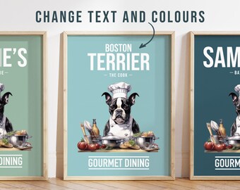 Any Colour - Boston Terrier in kitchen poster - Boston Terrier poster - Custom text print - Personalised print - Pet Art