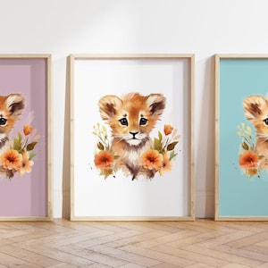 Cualquier color, Impresión de cachorro de león bebé, Póster de cachorro en flores, Impresión de animal bebé, Póster de animal bebé, Arte de guardería, Arte animal, Cualquier tamaño