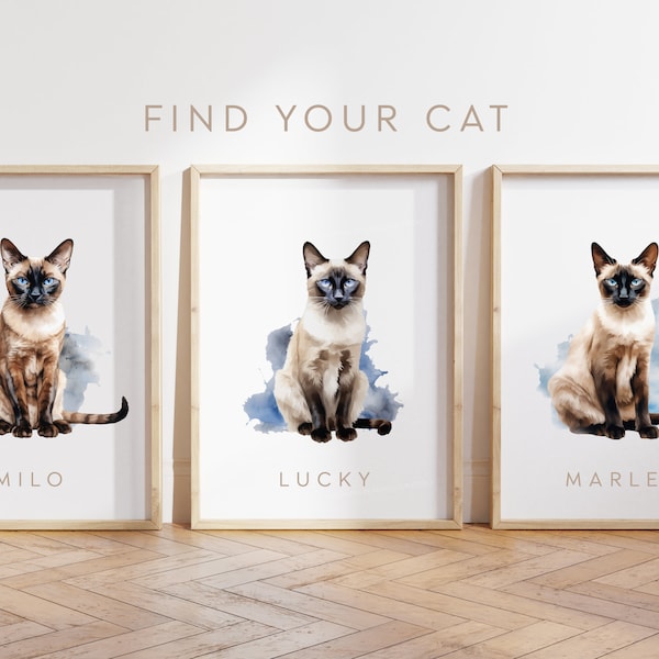 Any Colour - Siamese Cat - Siamese Cat poster - Custom text print - Personalised print - Pet Art - Watercolour Art