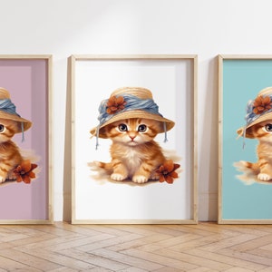 Cualquier color, Impresión de gatito bebé con sombrero, Póster de gatito bebé, Impresión de animal bebé, Póster de animal bebé, Arte de guardería, Arte animal, Cualquier tamaño