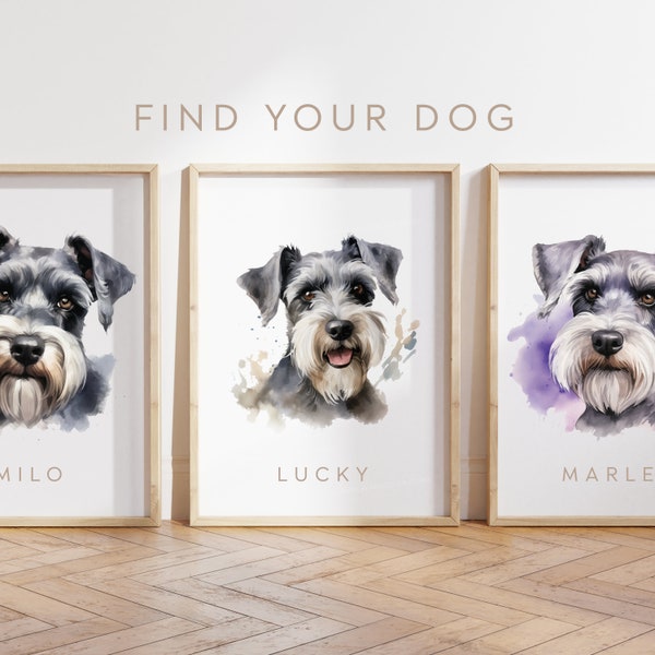 Poster chien personnalisé - poster schnauzer nain - impression chien schnauzer nain - aquarelle chiot schnauzer nain - personnaliser