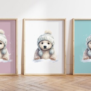 Cualquier color, Impresión de oso polar con sombrero, Póster de oso, Impresión de animal bebé, Póster de animal bebé, Arte de guardería, Arte animal, Cualquier tamaño