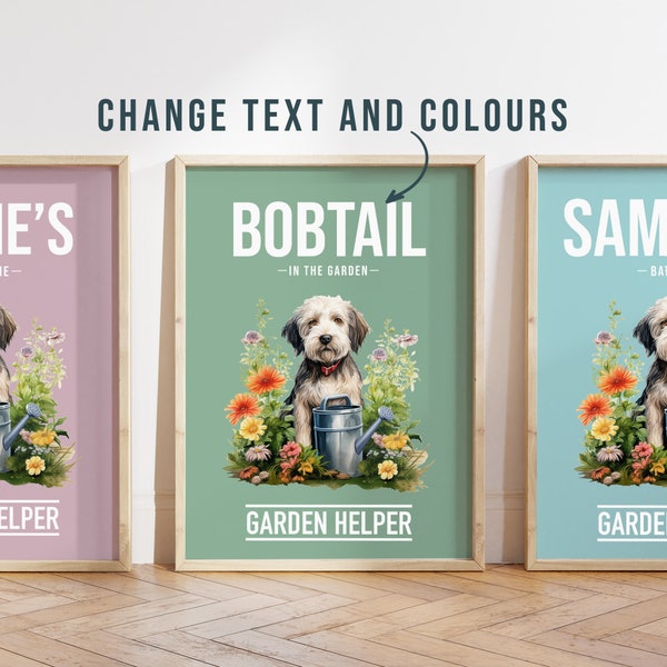 Jede Farbe - Bobtail im Garten Poster - Bobtail Poster - Benutzerdefinierter Text Druck - Personalisierter Druck - Haustier Kunst