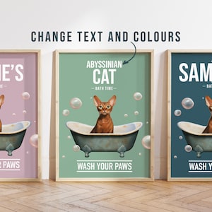 Any colour - Abyssinian cat in bath poster -  Abyssinian cat poster -  Abyssinian cat Custom text print - Personalised print - Pet Art