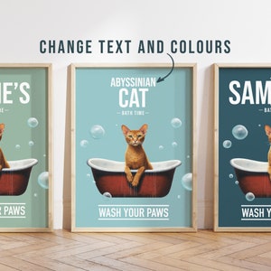 Any colour - Abyssinian cat in bath poster -  Abyssinian cat poster -  Abyssinian cat Custom text print - Personalised print - Pet Art
