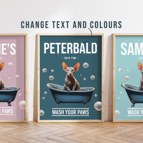 Any colour - Peterbald Cat in bath poster -  Peterbald Cat poster -  Peterbald Cat Custom text print - Personalised print - Pet Art