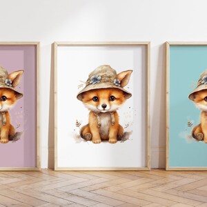 Qualsiasi colore, stampa cucciolo di volpe con cappello, poster di cucciolo di volpe con cappello, stampa di cucciolo di animale, poster di cucciolo di animale, decorazione per nursery, decorazione di animali, qualsiasi dimensione