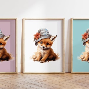 Qualsiasi colore - Stampa di volpe con cappello - Cucciolo di volpe con cappello - Stampa di animali per bambini - Poster di animali per bambini - Arte dell'asilo nido - Arte degli animali - Qualsiasi dimensione