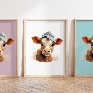 Cualquier color - Becerro bebé con estampado de sombrero - Cartel de becerro bebé - Impresión animal bebé - Póster de animales bebé - Arte infantil - Arte animal - Cualquier tamaño
