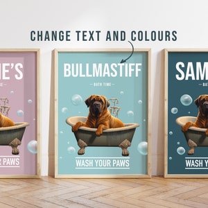 Any colour - Bullmastiff in bath poster - Bullmastiff poster - Bullmastiff Custom text print - Personalised print - Pet Art