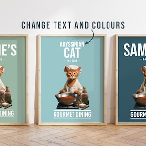 Any colour - Abyssinian cat in kitchen poster -  Abyssinian cat poster -  Abyssinian cat Custom text print - Personalised print - Pet Art