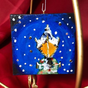 Christmas Hand Painted Ornament - Charles Dickens Christmas Lamp - 3”x3” Mini Masterpiece