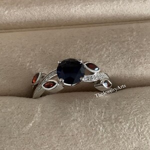 Blue Sapphire Wedding Ring, Silver Blue Sapphire Ring, Leaves Ring, Round Shaped Blue Stone, September Birthstone