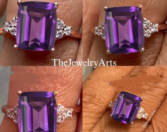 Emerald Cut Genuine Purple Amethyst Ring Unique Amethyst Ring 925 Sterling Silver Proposal Ring Cocktail Ring Stylish Women Ring