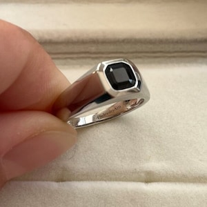 Genuine Black Spinel Ring Solitaire Engagement Ring for Men Sterling Silver Bezel Setting