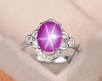 Pink Lindy Star Ring Oval Star Ruby Engagement Ring 925 Sterling Silver Rings  July Birthstone Women Ring Gift for her