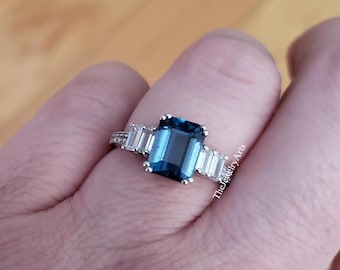 Echte London Blue Topaz-ring, Emerald Cut, Topaz-voorstelring, 925 sterlingzilver, jubileumring, cadeaus voor moeder