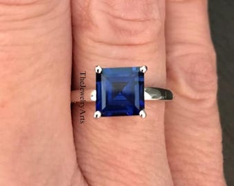 Blue Sapphire Ring, Square Ring, Solitaire Ring, Sterling Silver, Statement Ring,September Birthstone