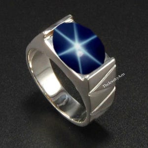 Lindy Star Sapphire Ring Sterling Silver 925 Blue Star Sapphire Ring for Men&#39;s