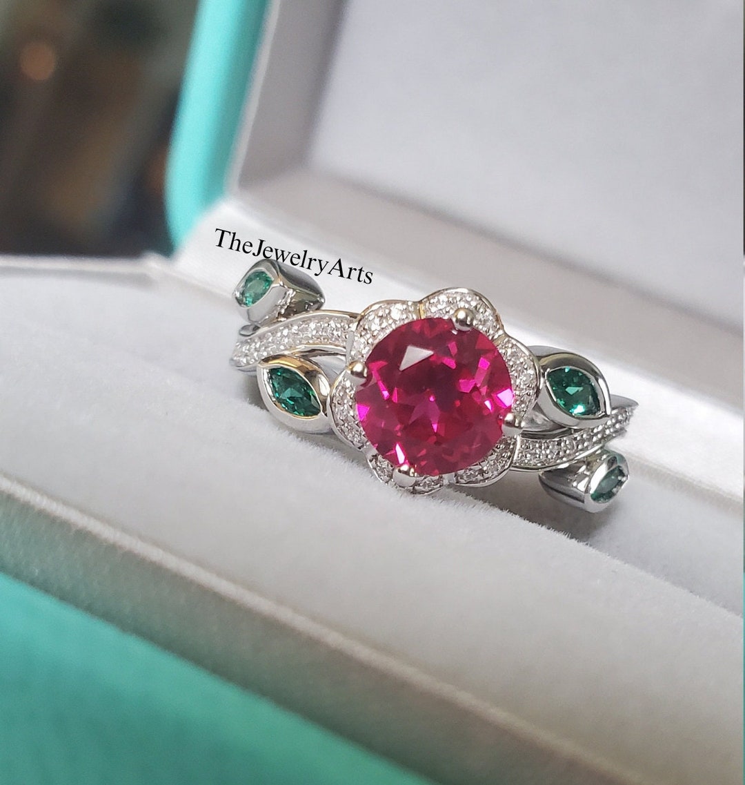 Ruby Ring, Leaf Ring, Round Ruby Engagement Ring, Sterling Silver Ring ...