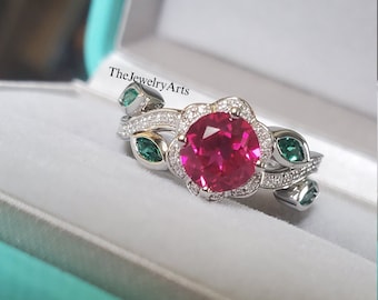 Ruby Ring, Leaf Ring, Round Ruby Engagement Ring, Sterling Silver Ring ...