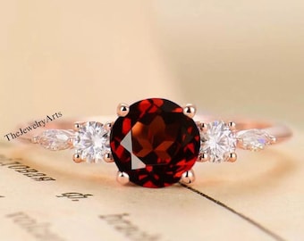 Anillo de granate natural, joyería hecha a mano, oro rosa de 14k, anillo de granate con gema, regalos de aniversario, piedra de nacimiento de enero
