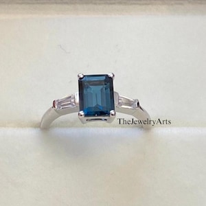 London Blue Topaz ,Emerald shaped  Blue color  Stone, Topaz  Anniversary Ring, Sterling Silver, December Birthstone ring