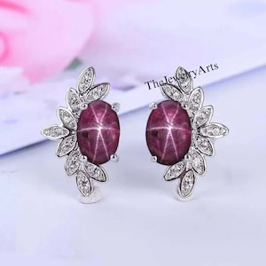 Natural Star Ruby Stud Earrings, Dainty Star Ruby Earrings, 925 Silver Earrings, Oval Star Ruby Studs, Birthstone Studs, Bridesmaid Gift
