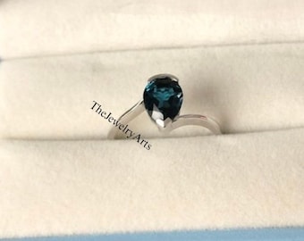 London Blue Topaz Ring, Pear Cut Blue Gemstone, Sterling Silver Finished WIth Rhodium, Engagement Ring, Solitaire Ring
