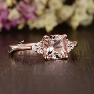 Minimalist Peach Morganite Ring, Cushion Cut Morganite Engagement Ring, Art Deco Ring Vintage Promise Ring, Delicate Anniversary Ring