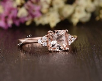 Minimalist Peach Morganite Ring, Cushion Cut Morganite Engagement Ring, Art Deco Ring Vintage Promise Ring, Delicate Anniversary Ring