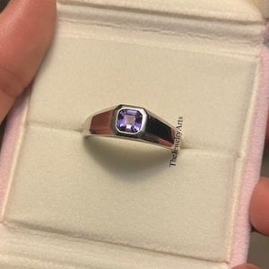 Amethyst Ring Vintage Asscher Cut Amethyst Engagement Ring Solid Silver Ring Simple Band Wedding Ring Women February Birthstone Ring Gift
