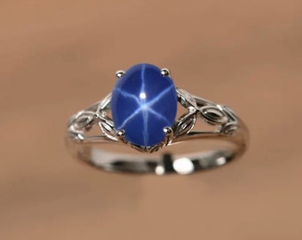 Lindy Star Sapphire Ring, 925 Sterling Silver Ring, Blue Lindy Star Ring, Vintage Wedding & Engagement Ring, Art Deco Ring, Bridal Ring