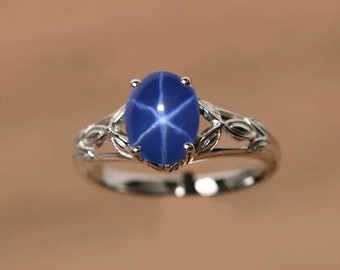 Bague saphir étoilé Lindy, bague en argent sterling 925, bague étoile Lindy bleu, bague de mariage et de fiançailles vintage, bague art déco, bague de mariée