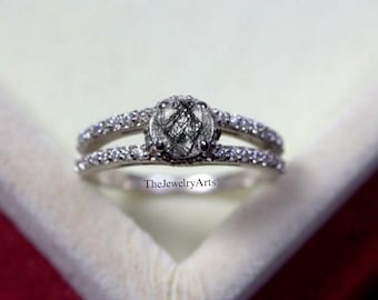 Naturlig svart rutilerad kvartsring, 925 sterlingsilver, klämmring, löftering, svart ädelstensring, vigselring, födelsedagspresent