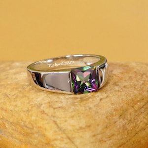 Natural Mystic Topaz Men Statement Ring, Rainbow Topaz  Square Cut, Wedding Mystic Ring, November Birthstone  Elegant Ring Gift For Men