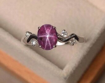 Vintage Ruby Star Ring, Star Ruby Ring, Engagement Ring, Dainty Star Ruby Ring, 925 Sterling Silver, Solitaire Ring