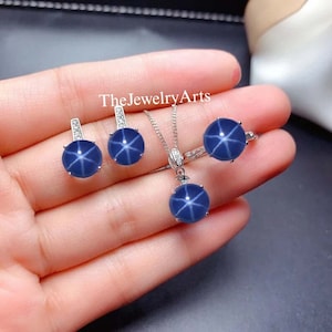 Genuine Blue Star Sapphire Jewelry Set For Women, Lindy Star Sapphire Ring, Star Sapphire Earrings, 925 Sterling Silver Jewelry Set
