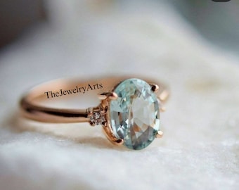 Green Sapphire Ring, Oval Cut, 925 Sterling Silver Engagement Ring, Teal sapphire Ring