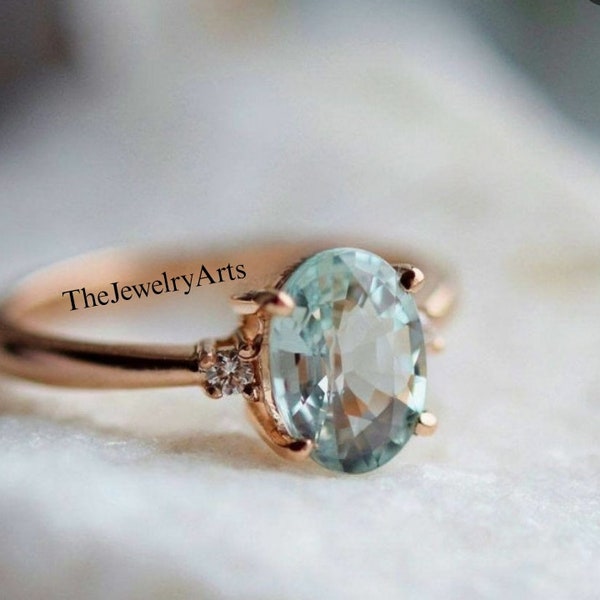 Green Sapphire Ring, Oval Cut, 925 Sterling Silver Engagement Ring, Teal sapphire Ring