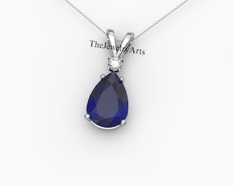 Tropfen Blauer Saphir Halskette Sterling Silber / 925 Silber Anhänger für Frauen / Birnenförmig