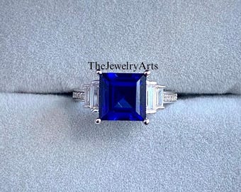 Vintage Blue Sapphire Ring ,Square Cut, 925 Sterling Silver, Stackable Ring ,September Birthstone, Promise Ring For Her
