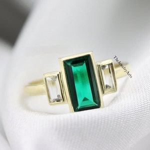 Emerald Big Baguette Ring Gemstone Ring Emerald Jewelry Gift for Her Gold Ring Stacking Ring May Birthstone Silver Ring Engagement Rings