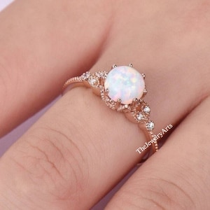 Ring Dainty Opal, Opal Stacking Ring, White Opal and CZ Ring, 14k Rose Gold Opal Ring, Round Opal Ring, Delicate Opal Ring, Bridesmaid Gift